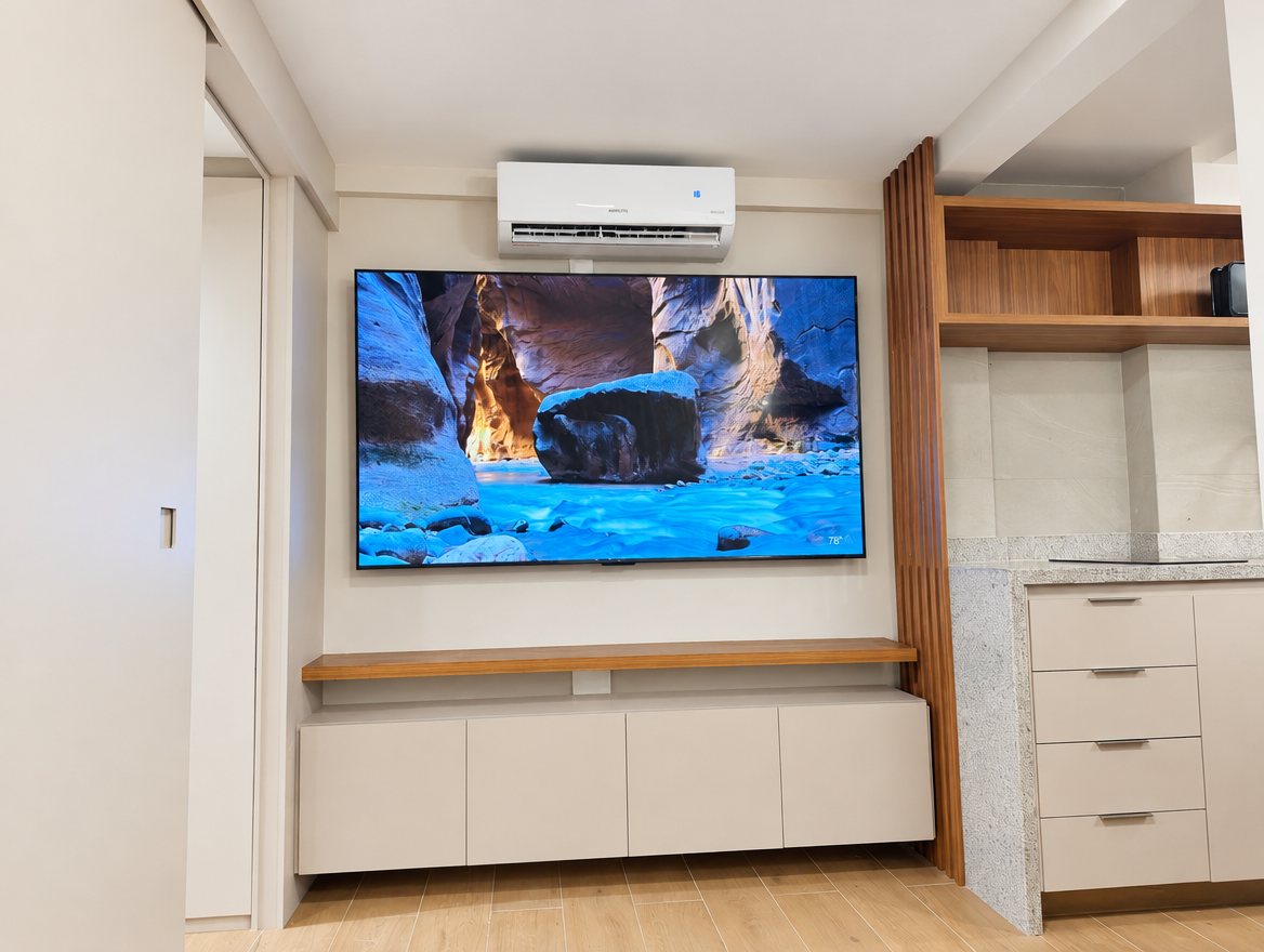 TV de 75 polegadas na parede, com armário de madeira e ar-condicionado